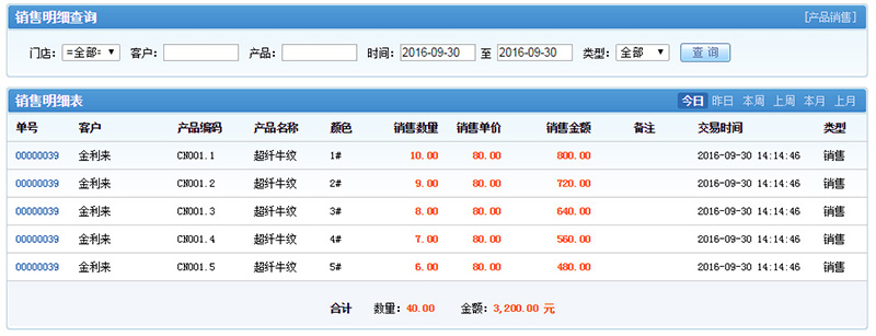 产品销售明细记录